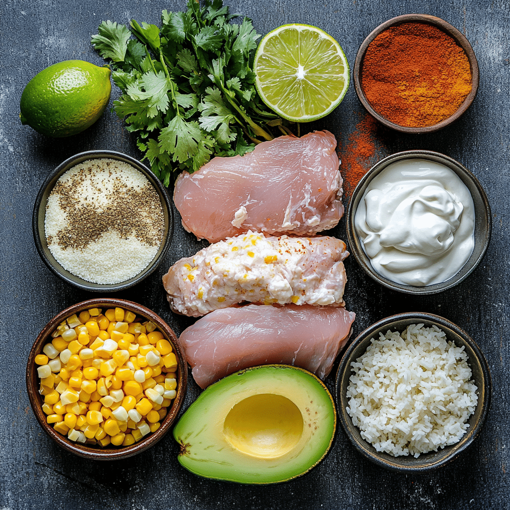 street-corn-chicken-rice-bowl-ingredients Ingredients for making a street corn chicken rice bowl