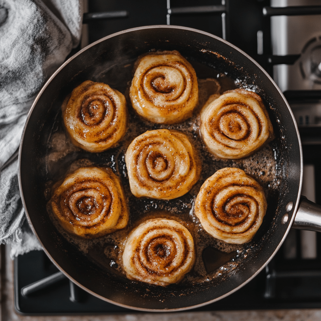 tortilla-cinnamon-rolls-step Cinnamon rolls cooking in skillet