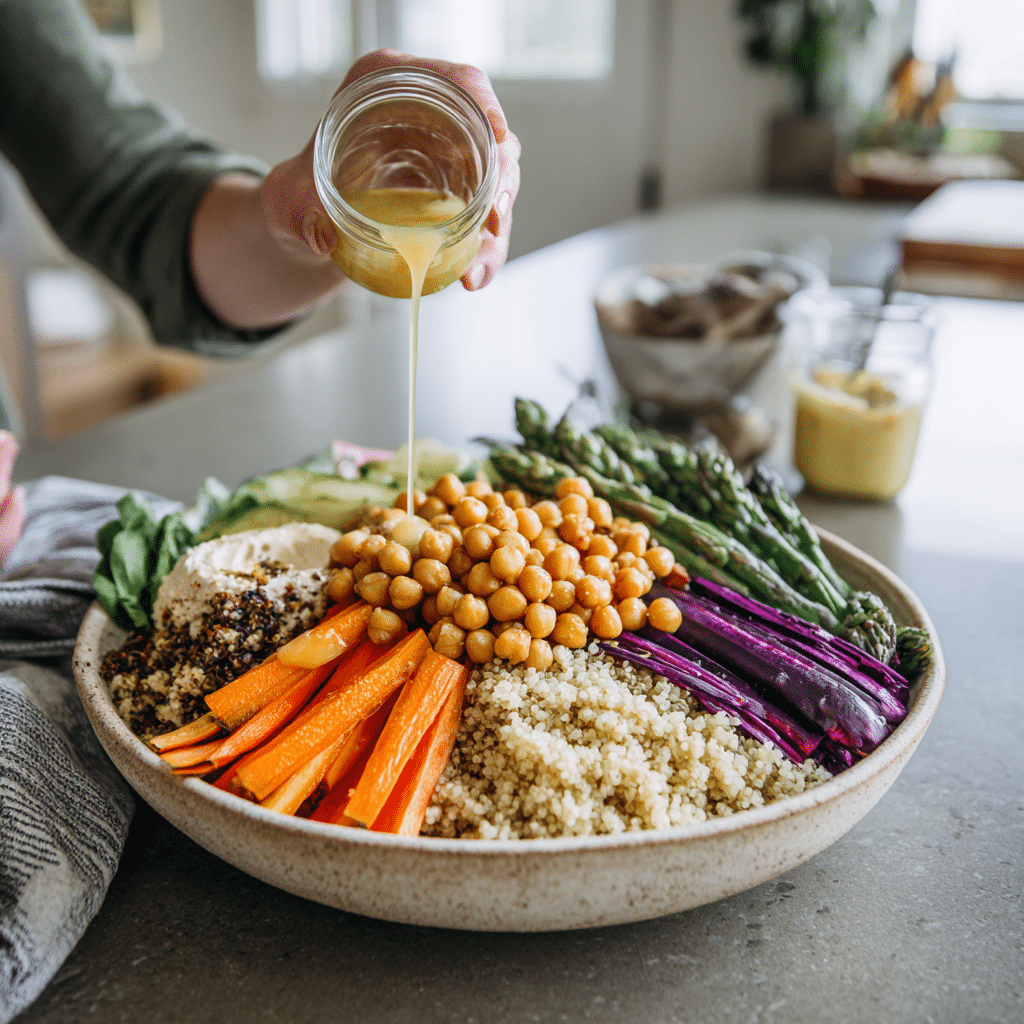 8-chickpea-quinoa-bowl-assembly Step-by-step assembly of 8 Chickpea Quinoa Power Bowl