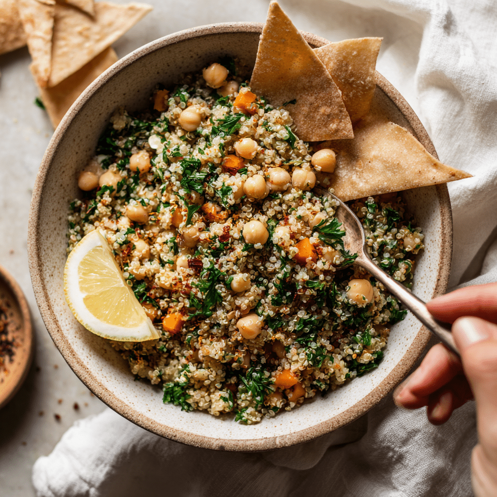 8-chickpea-quinoa-bowl-served Served 8 Chickpea Quinoa Power Bowl with spoon and garnish