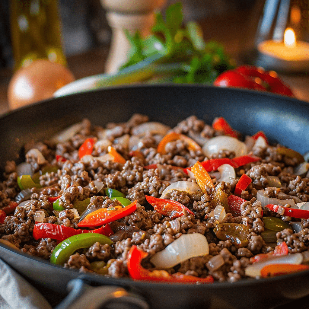 Ground beef and peppers cooking in skillet Ground beef and peppers cooking in skillet