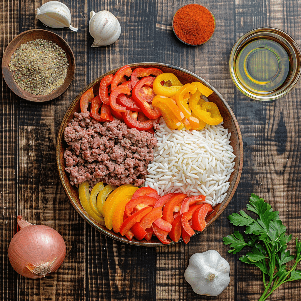 Ingredients for beef and pepper rice bowl on wooden counter Ingredients for beef and pepper rice bowl on wooden counter