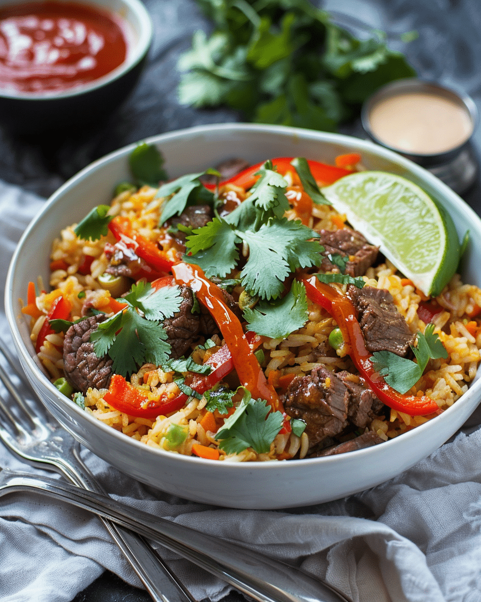 Served beef and pepper rice bowl with toppings Served Healthy Beef and Pepper Rice Bowl with toppings