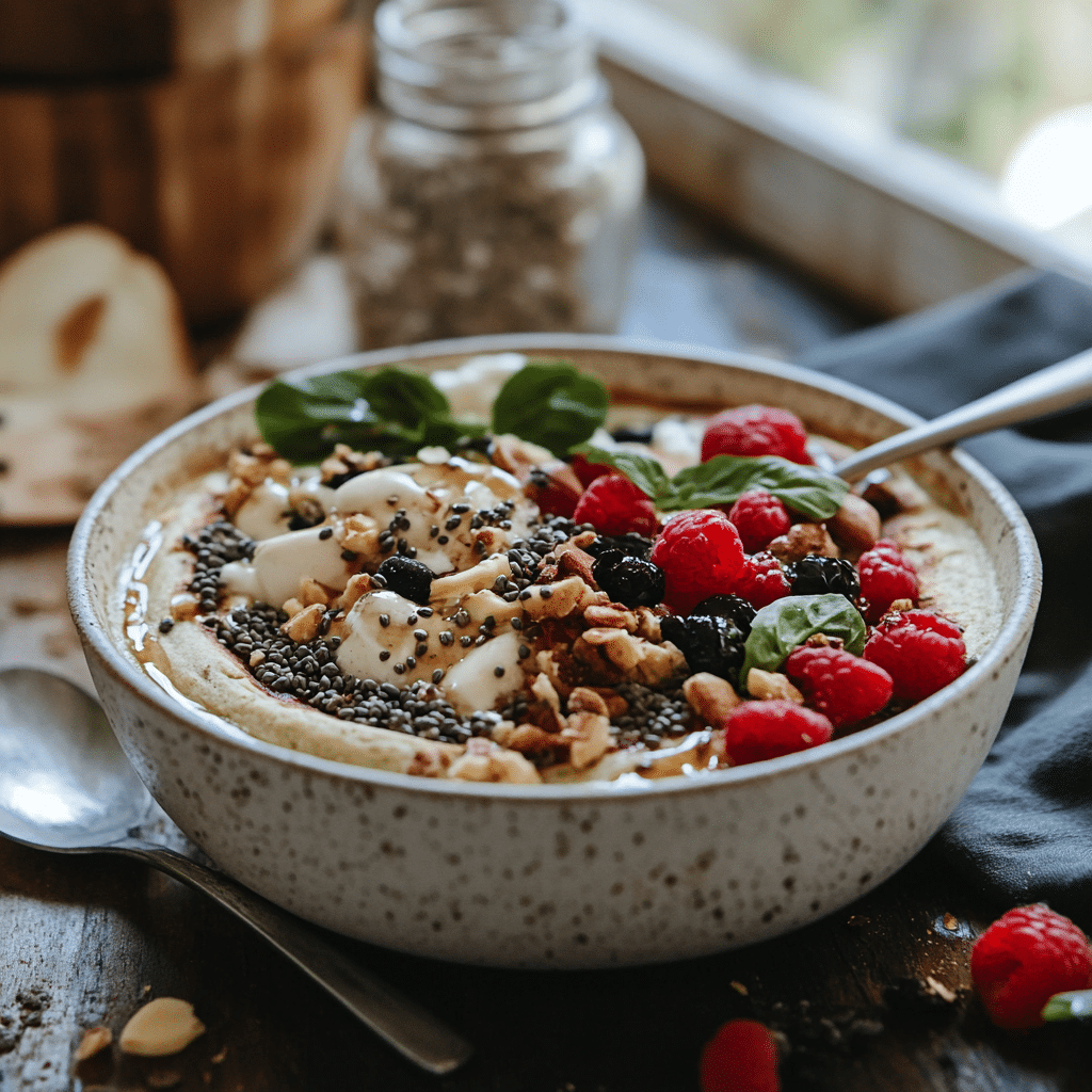 assembled-protein-pancake-bowl Bowl with protein pancakes, berries, banana slices, Greek yogurt, and almond butter drizzle