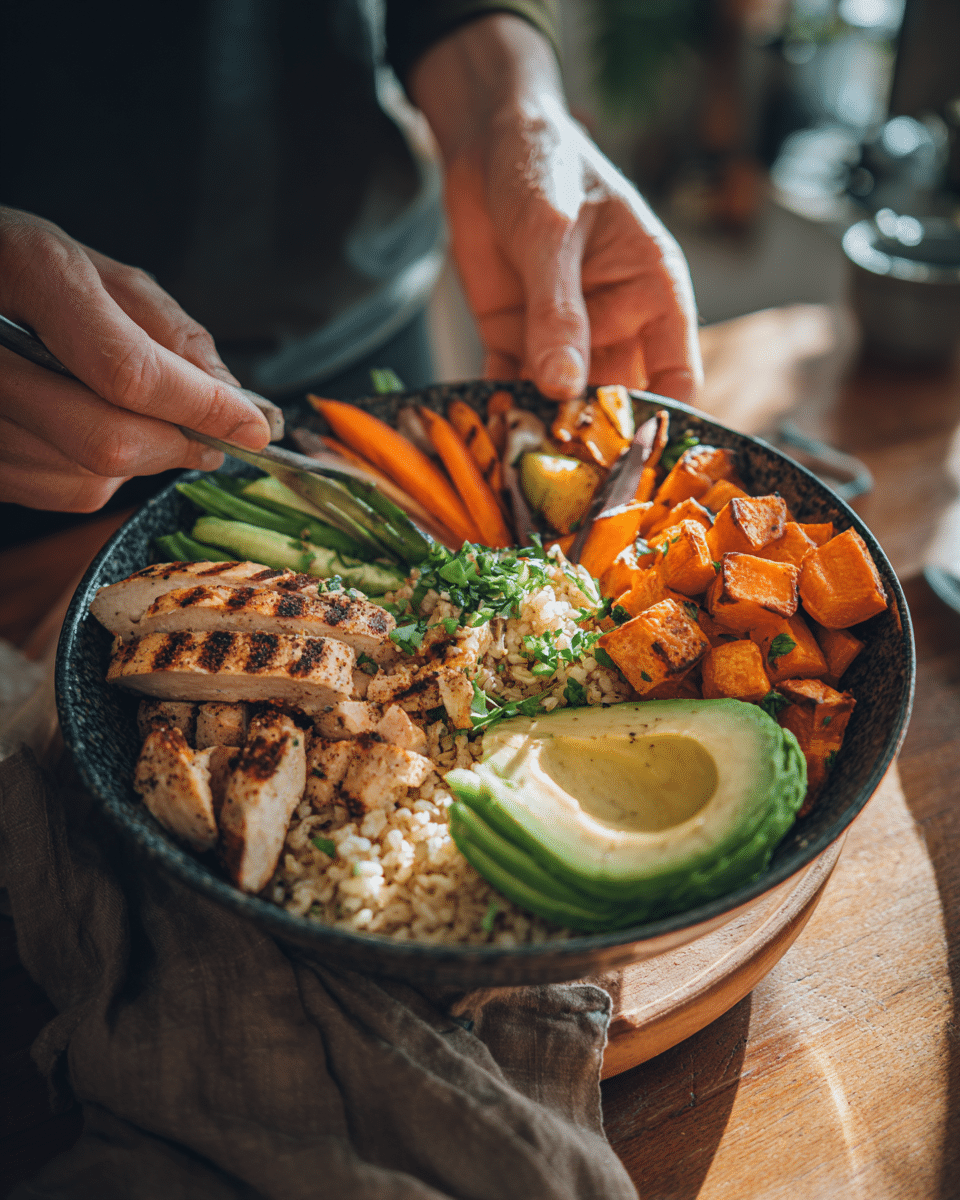 balanced-meals-assembly Assembly of balanced meal bowl with whole food ingredients