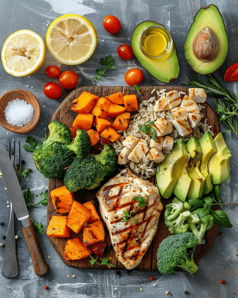 balanced-meals-ingredients Balanced meal ingredients arranged on a wooden surface