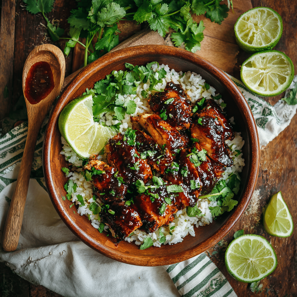 bbq-chicken-bowl-served Served BBQ Chicken Bowl with garnishes