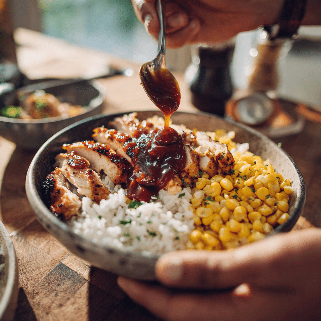 bbq-chicken-bowl-step Assembly of BBQ chicken bowl step-by-step