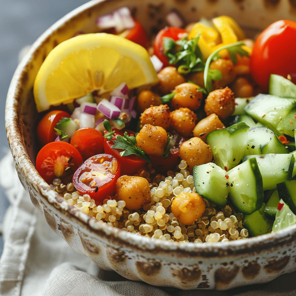 chickpea-quinoa-bowl-hero Chickpea quinoa bowl with roasted chickpeas, fresh vegetables, and lemon dressing