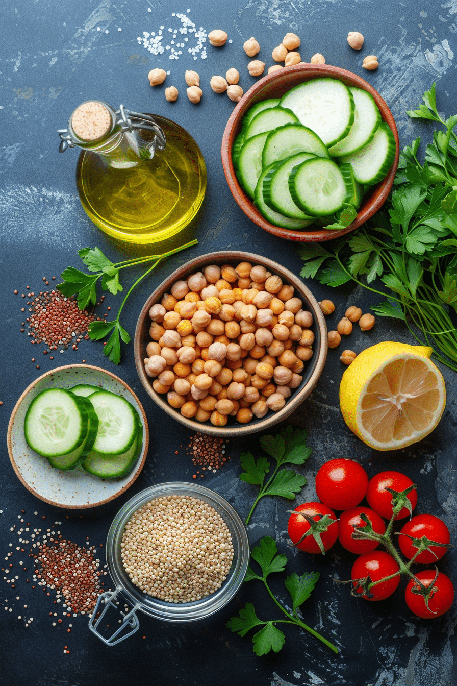chickpea-quinoa-bowl-ingredients-flatlay chickpea quinoa bowl ingredients flatlay