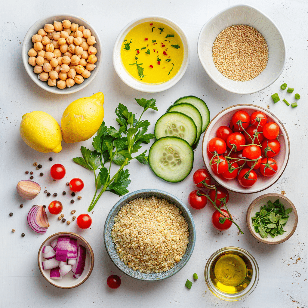 chickpea-quinoa-ingredients Flat lay of chickpea quinoa bowl ingredients with lemon, quinoa, and vegetables