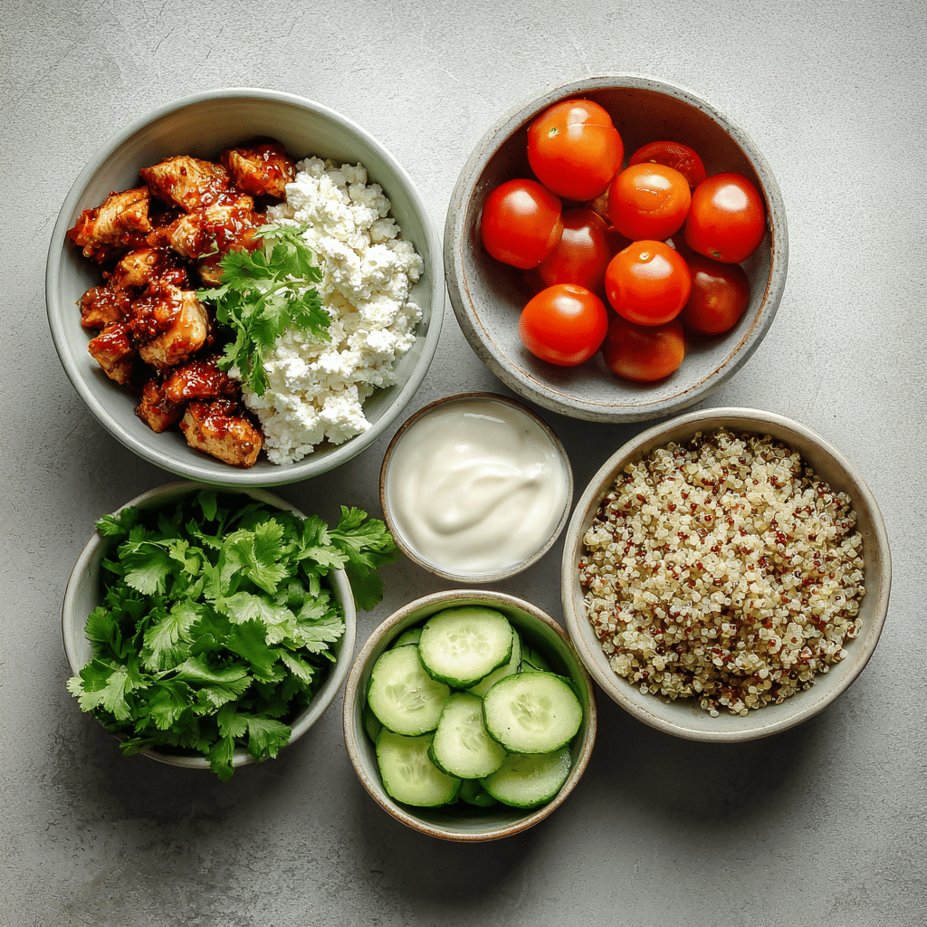 cottage-cheese-protein-bowl-ingredients Ingredients for cottage cheese protein power bowl on rustic board