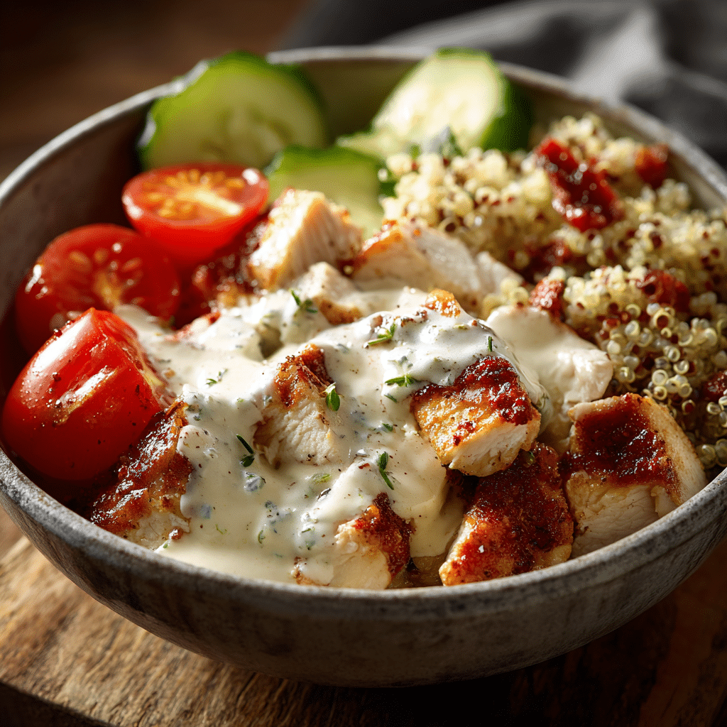 cottage-cheese-protein-bowl-serving Cottage cheese protein power bowl with chicken, quinoa, and fresh vegetables