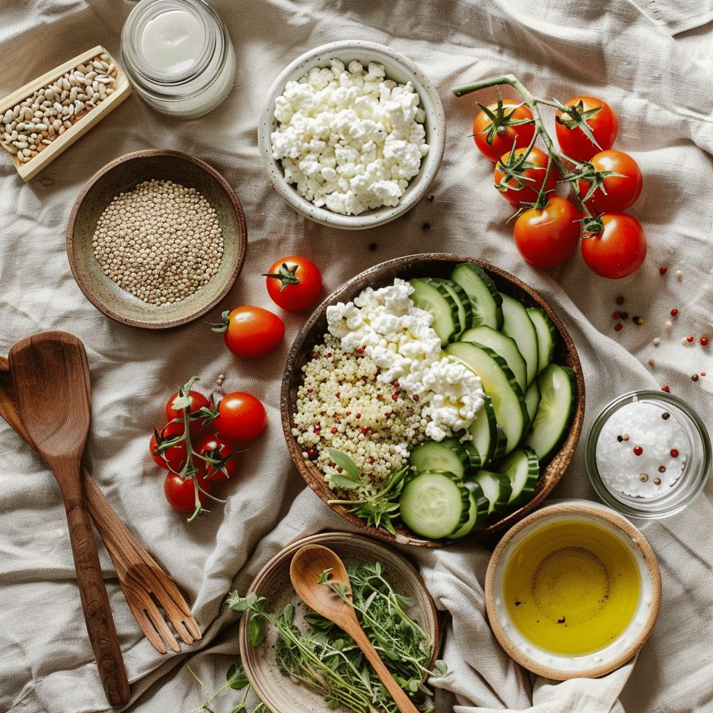 cottage-cheese-protein-bowlS-ingredients Flat lay of fresh ingredients for a cottage cheese protein bowl