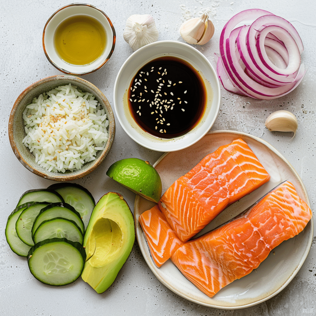 crispy-salmon-bowl-ingredients Ingredients for salmon and rice bowl laid on rustic counter