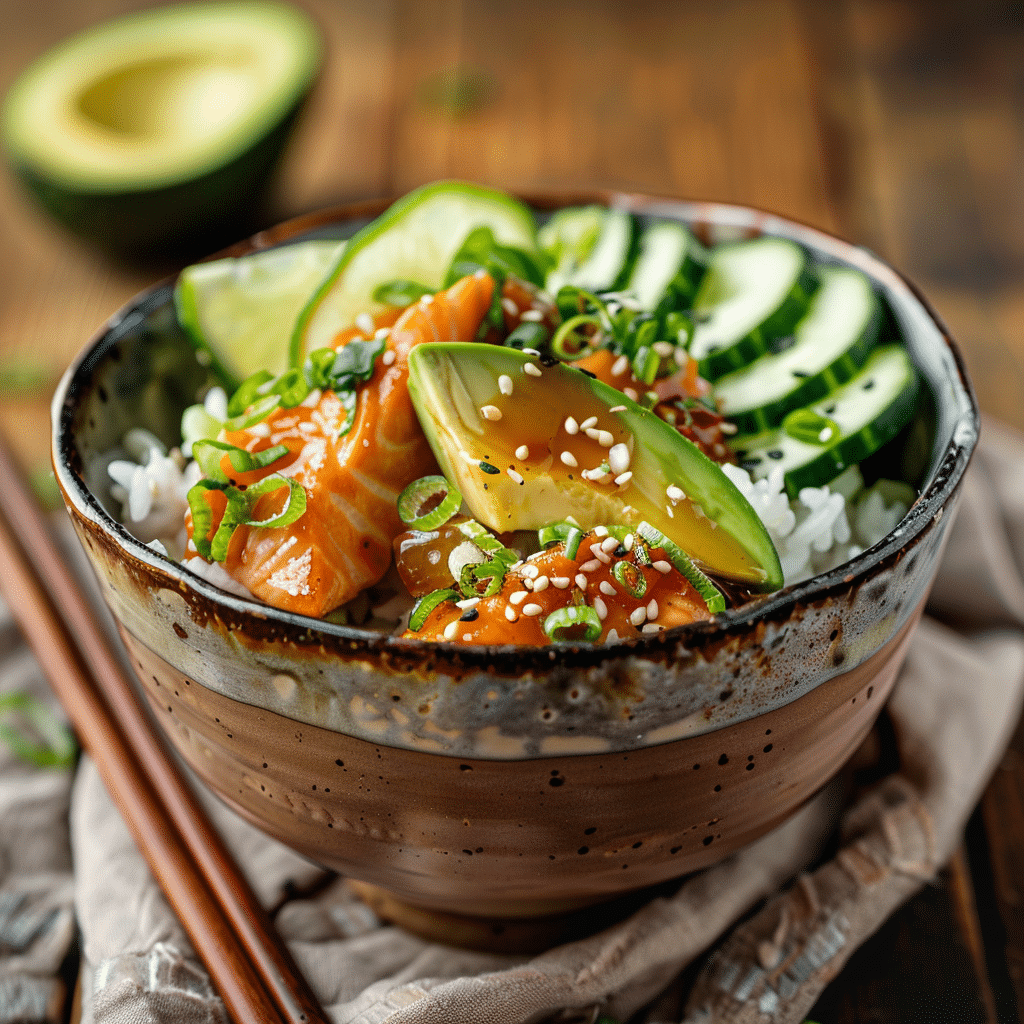 crispy-salmon-bowl-served Finished salmon rice bowl served with toppings