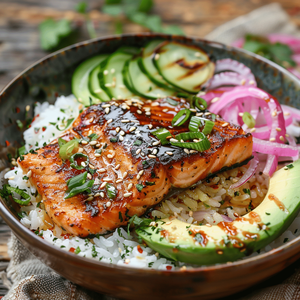 crispy-salmon-rice-bowl-feature Close-up of crispy salmon over rice with avocado and sesame