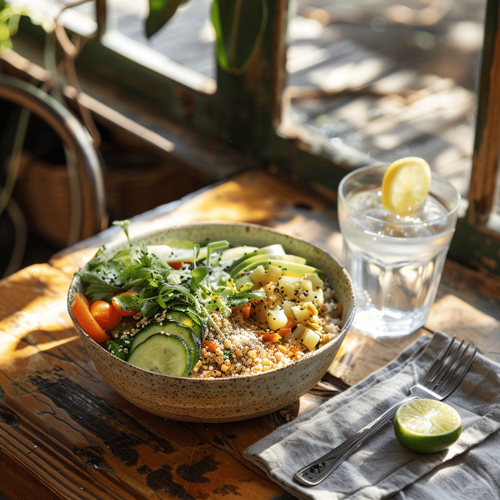 fitness-bowl-serving Served fitness bowl with lemon water on rustic table