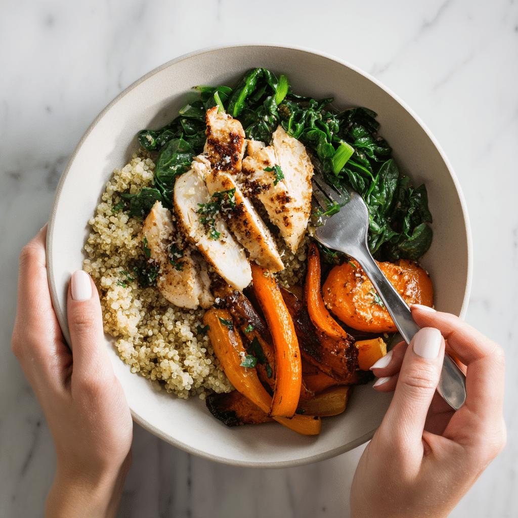 fitness-bowl-step Assembling a fitness bowls with fresh, healthy ingredients