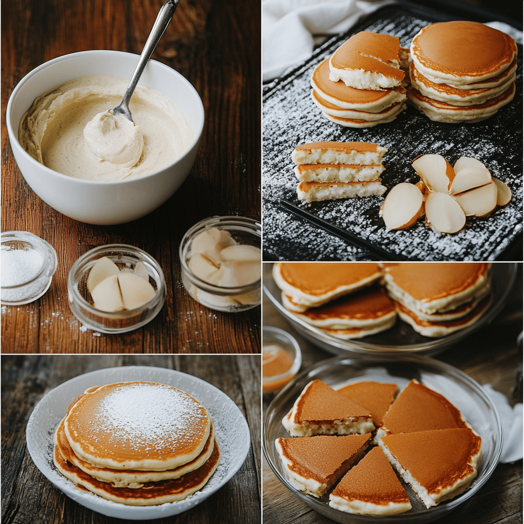 flipping-pancakes-in-skillet Golden brown pancakes cooking on skillet during step-by-step prep for protein bowls