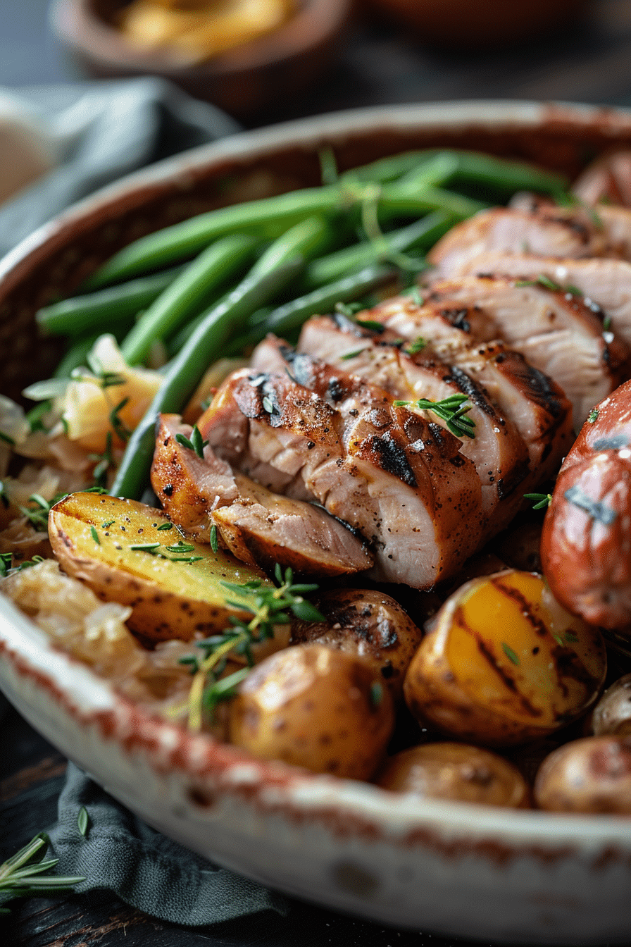 german-protein-recipes-hero German Protein Recipes bowl with meat, potatoes, sauerkraut, and greens