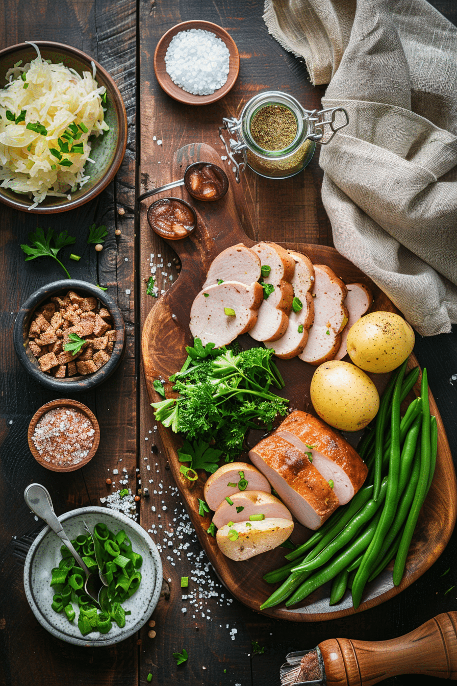 german-protein-recipes-ingredients Ingredients for a high-protein German bowl laid out on a wooden board