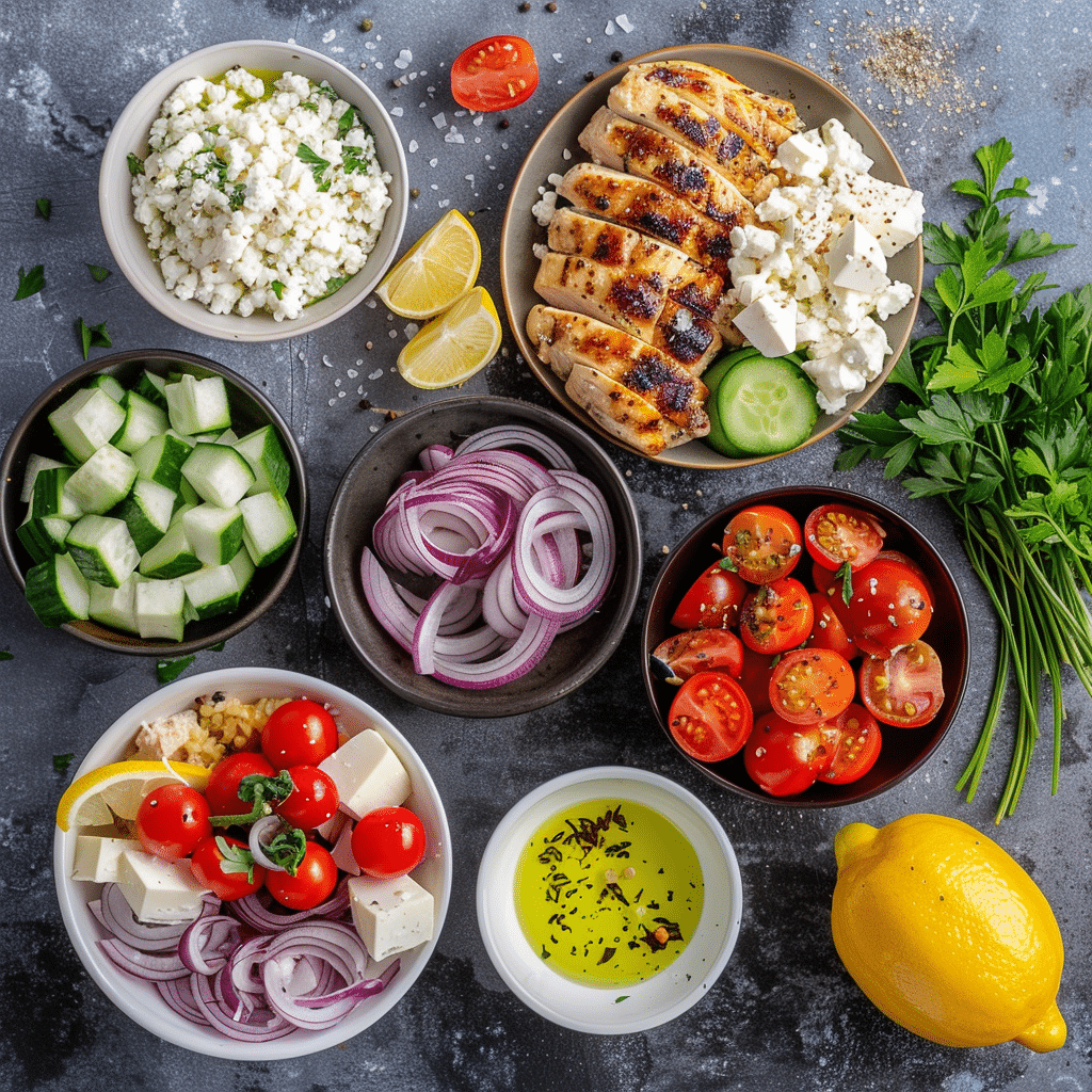 greek-chicken-bowl-ingredients Ingredients for a Greek chicken bowl laid out on rustic surface