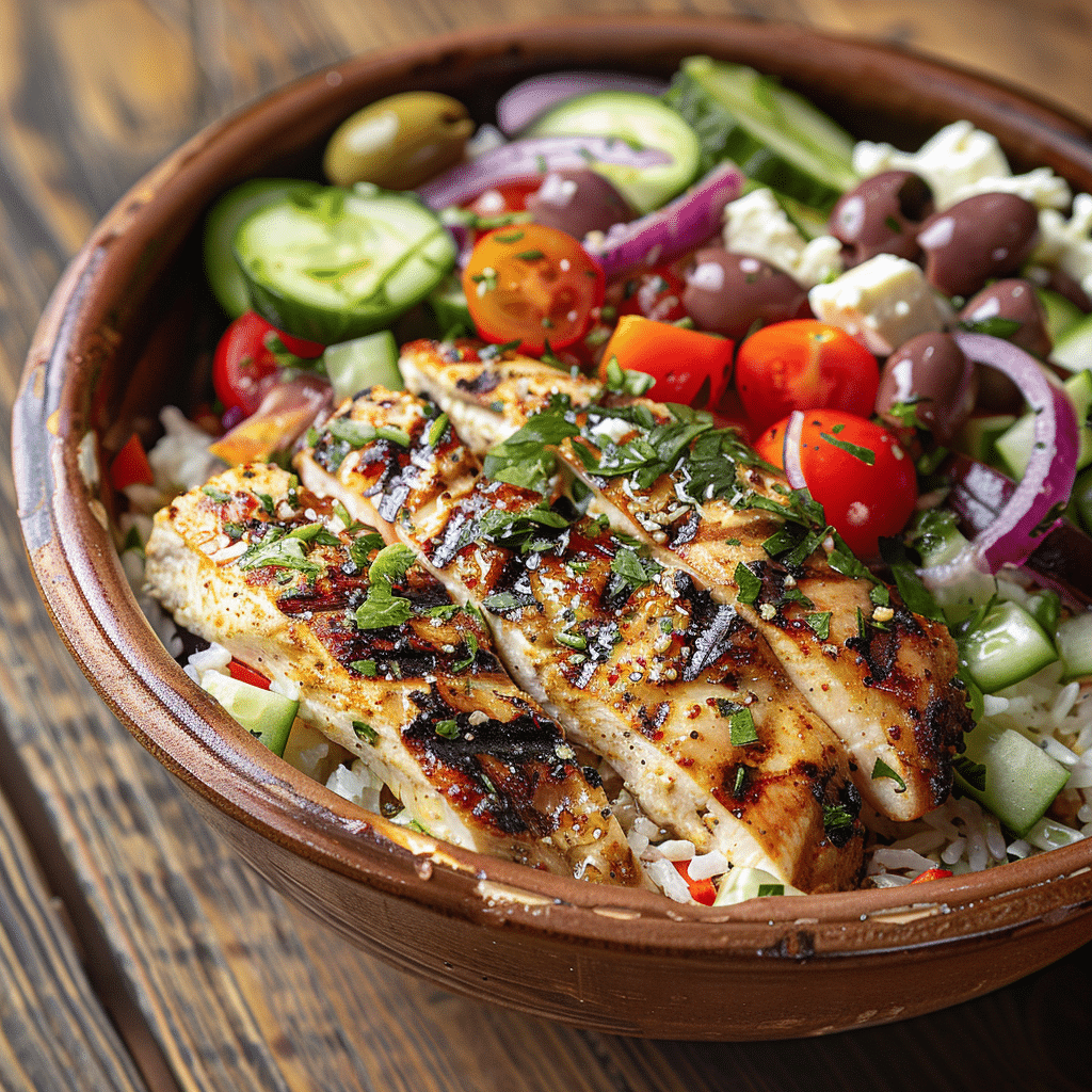 greek-chicken-bowl-main Greek chicken bowl with rice, grilled chicken, and Mediterranean toppings