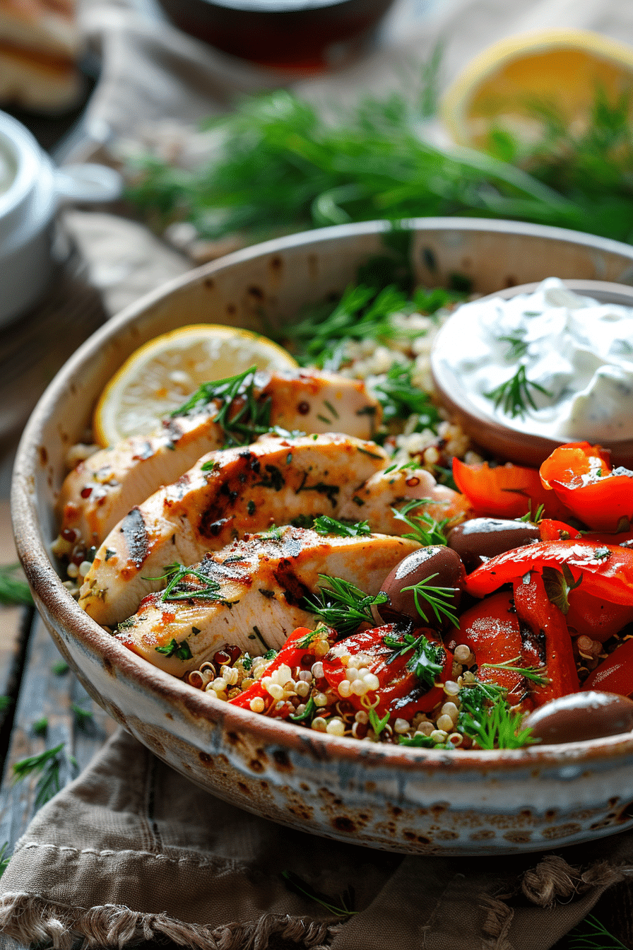 greek-chicken-bowl-served Greek chicken bowl with quinoa, tzatziki, olives, and fresh dill