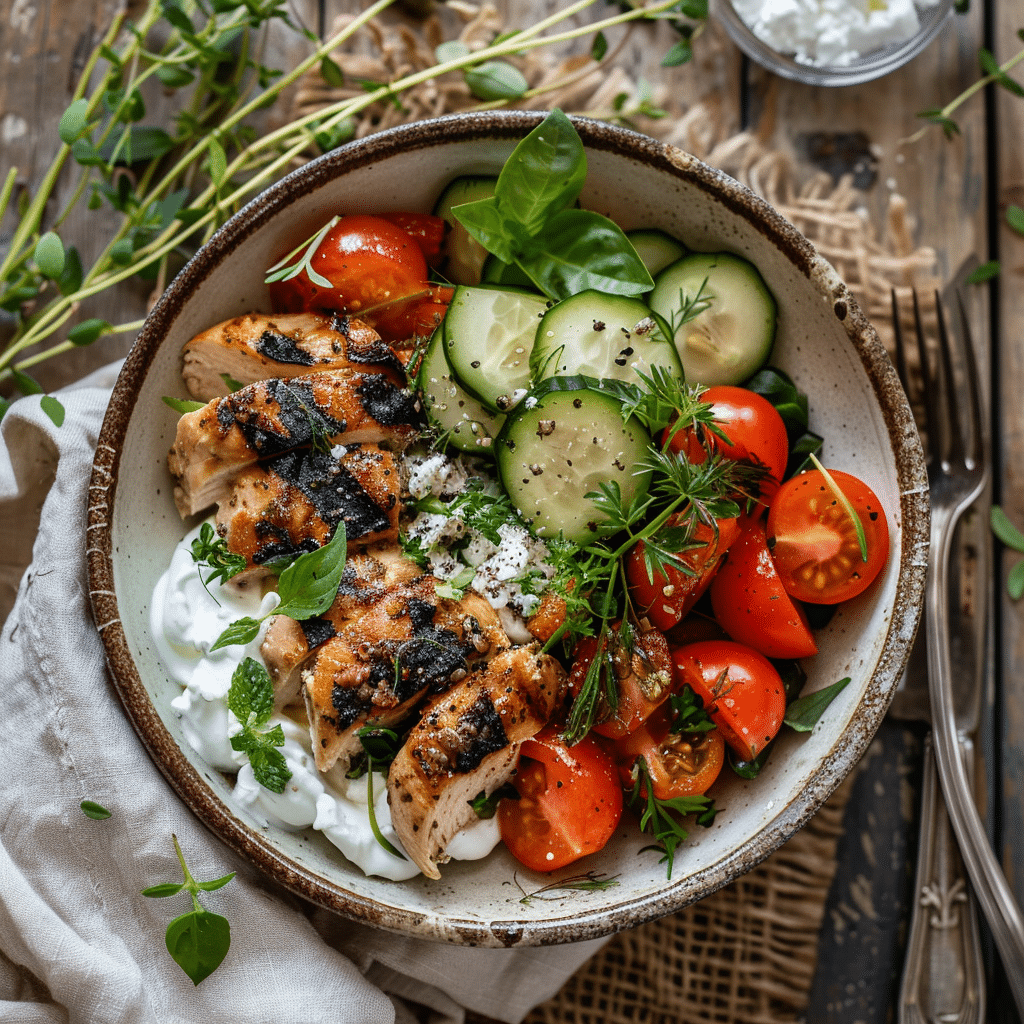greek-chicken-bowl-serving Served Greek Chicken Bowls with garnishes and table setting