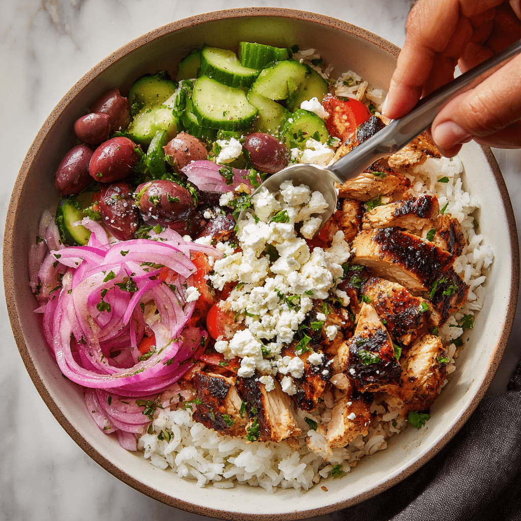 greek-chicken-bowl-step Assembly of Greek chicken bowl step-by-step