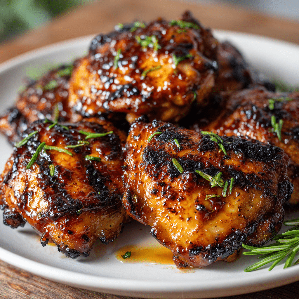 grilled-honey-chipotle-chicken-no-steam Chicken thighs grilled with honey chipotle glaze, side angle, no smoke