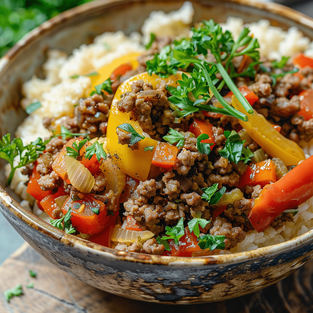 healthy-beef-pepper-bowl-main Healthy beef and pepper bowl with rice and fresh herbs