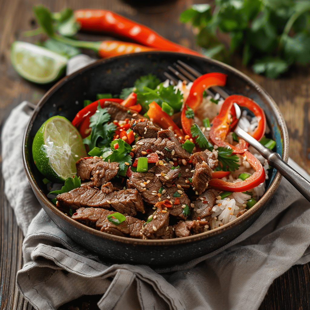 healthy-beef-pepper-bowl-serving Served healthy beef and pepper bowl with garnishes