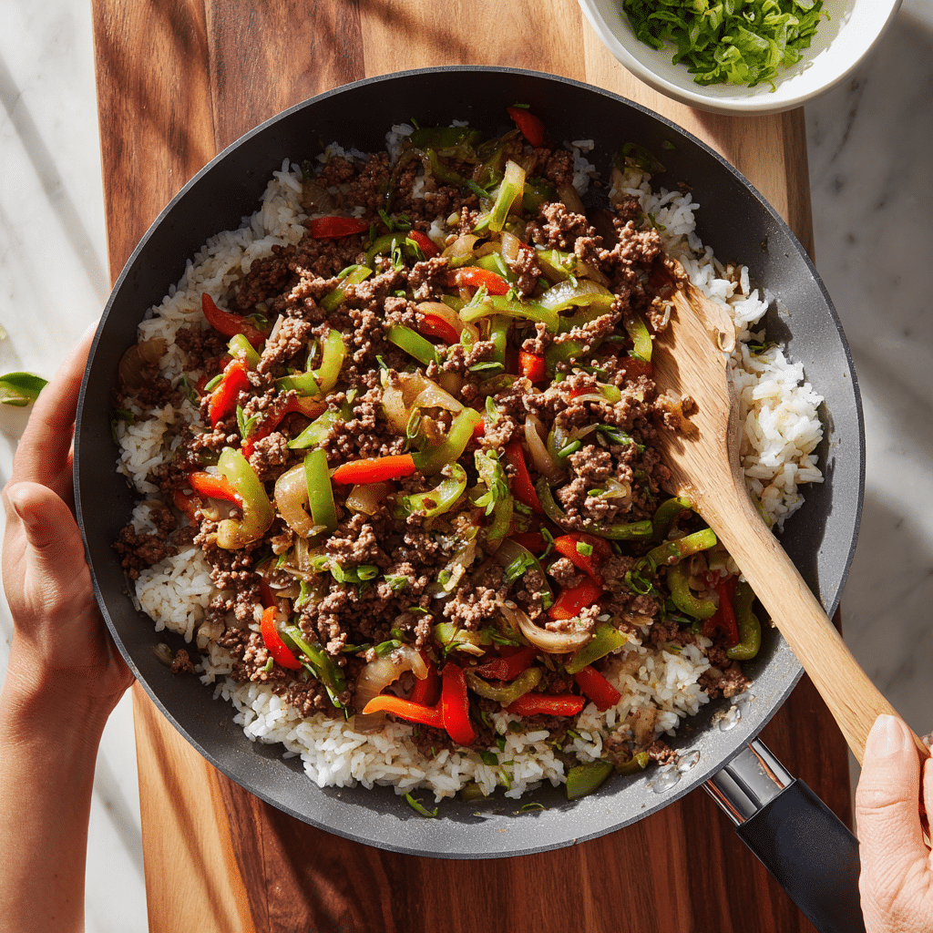 healthy-beef-pepper-bowl-step Assembly of healthy beef and pepper bowl step-by-step