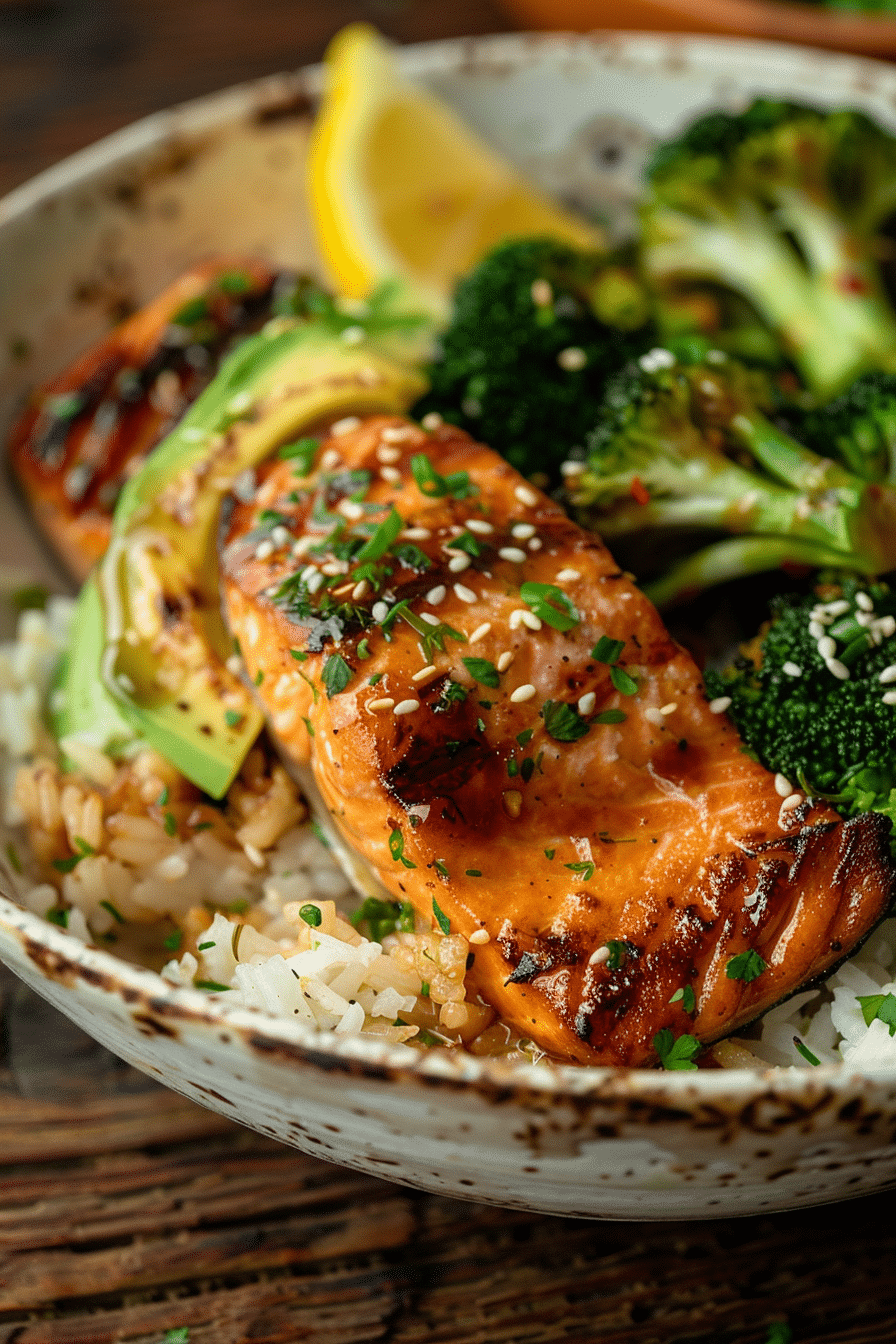 healthy-meal-prep-salmon-rice-bowl-featured Close-up of a healthy salmon and rice bowl with avocado, broccoli, and lemon