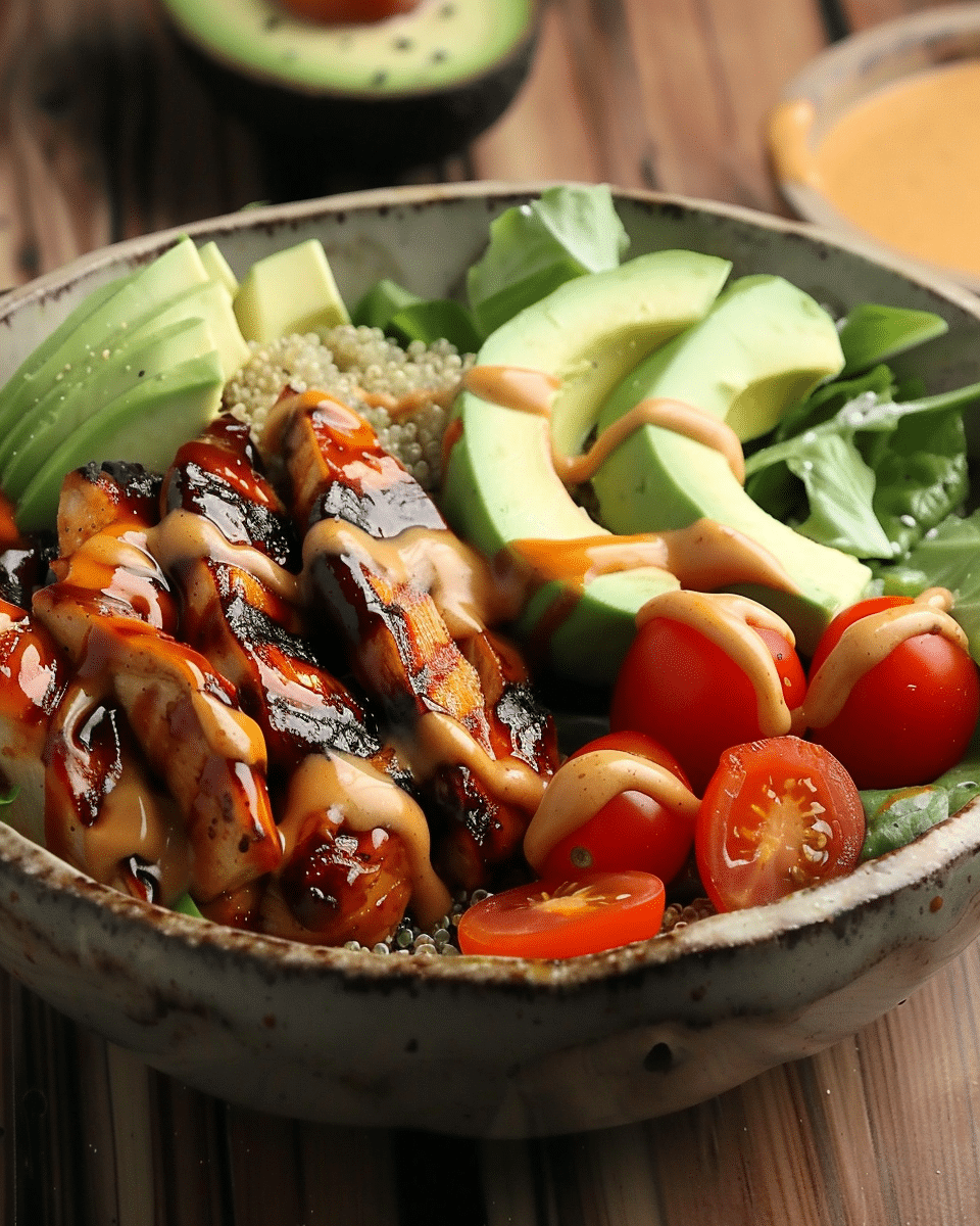 high-protein-bbq-chicken-ranch-bowl-featured High Protein BBQ Chicken Ranch Bowl with grilled chicken, ranch, and colorful toppings in a rustic bow