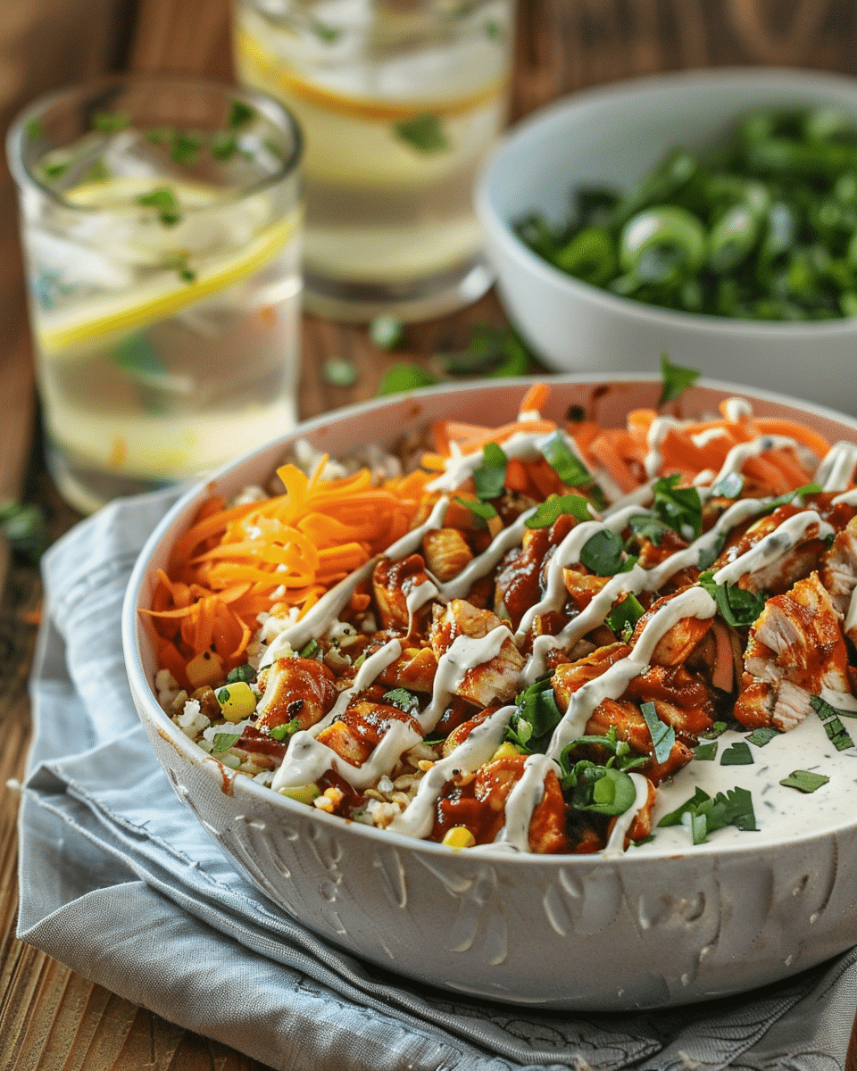 high-protein-bbq-chicken-ranch-bowl-serving Served BBQ Chicken Ranch Bowl with creamy ranch drizzle and avocado on top