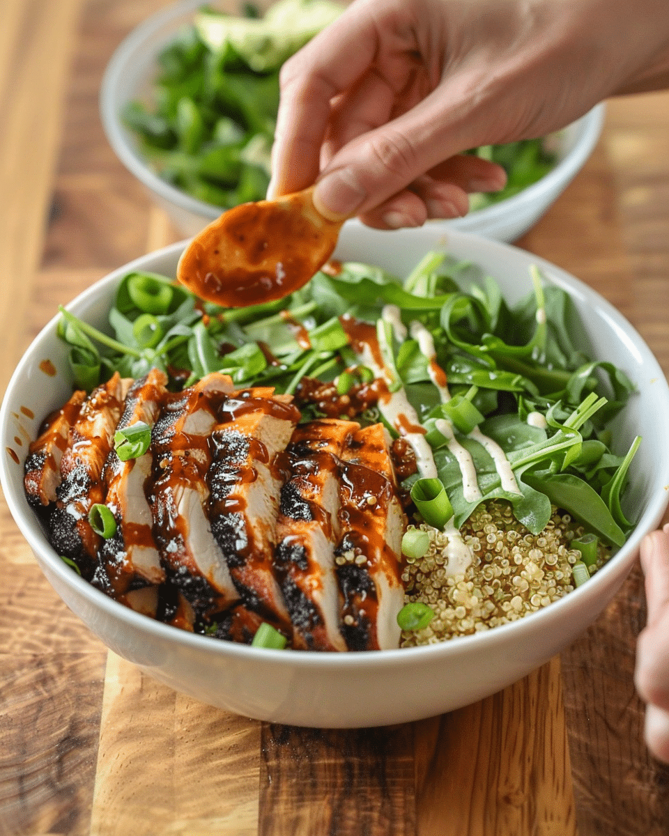 high-protein-bbq-chicken-ranch-bowl-step-by-step Step-by-step preparation of BBQ chicken bowl: slicing grilled chicken, assembling quinoa base