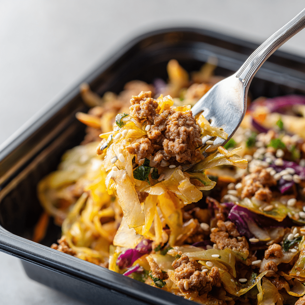 high-protein-egg-roll-prep Cooking ground pork with garlic and ginger in skillet