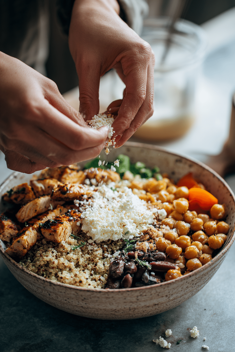 high-protein-recipes-assembly Step-by-step build of high protein bowl with grains, protein, and veggies
