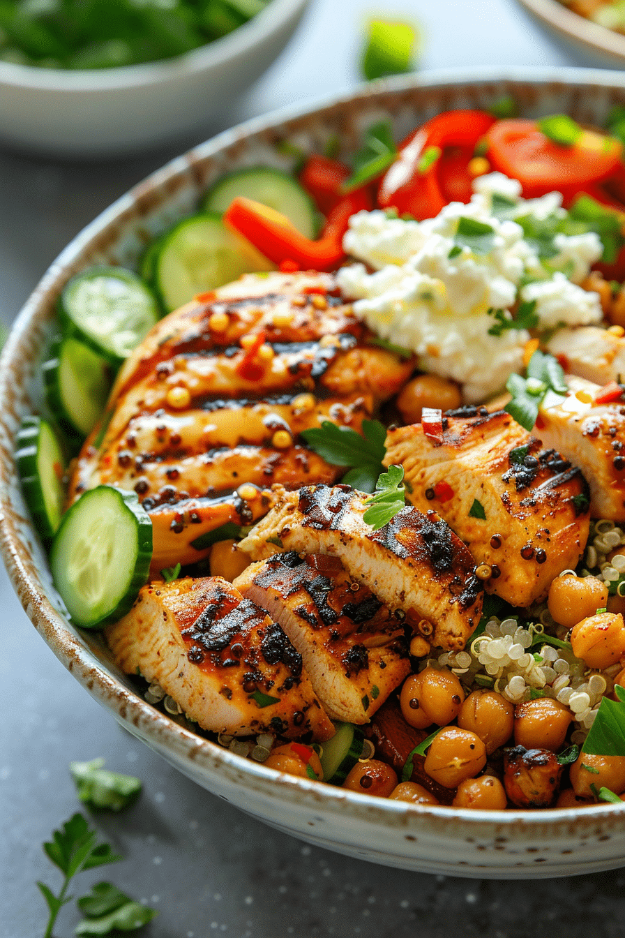 high-protein-recipes-hero High protein recipe bowl with chicken, quinoa, chickpeas, and cottage cheese