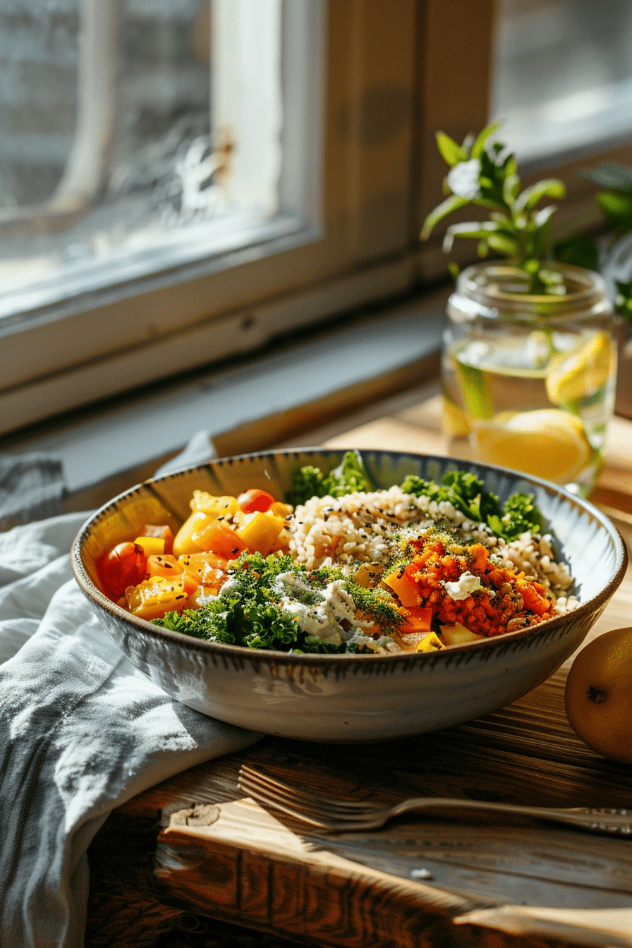 high-protein-recipes-serving Served High Protein Recipes bowl with lemon water and rustic setting