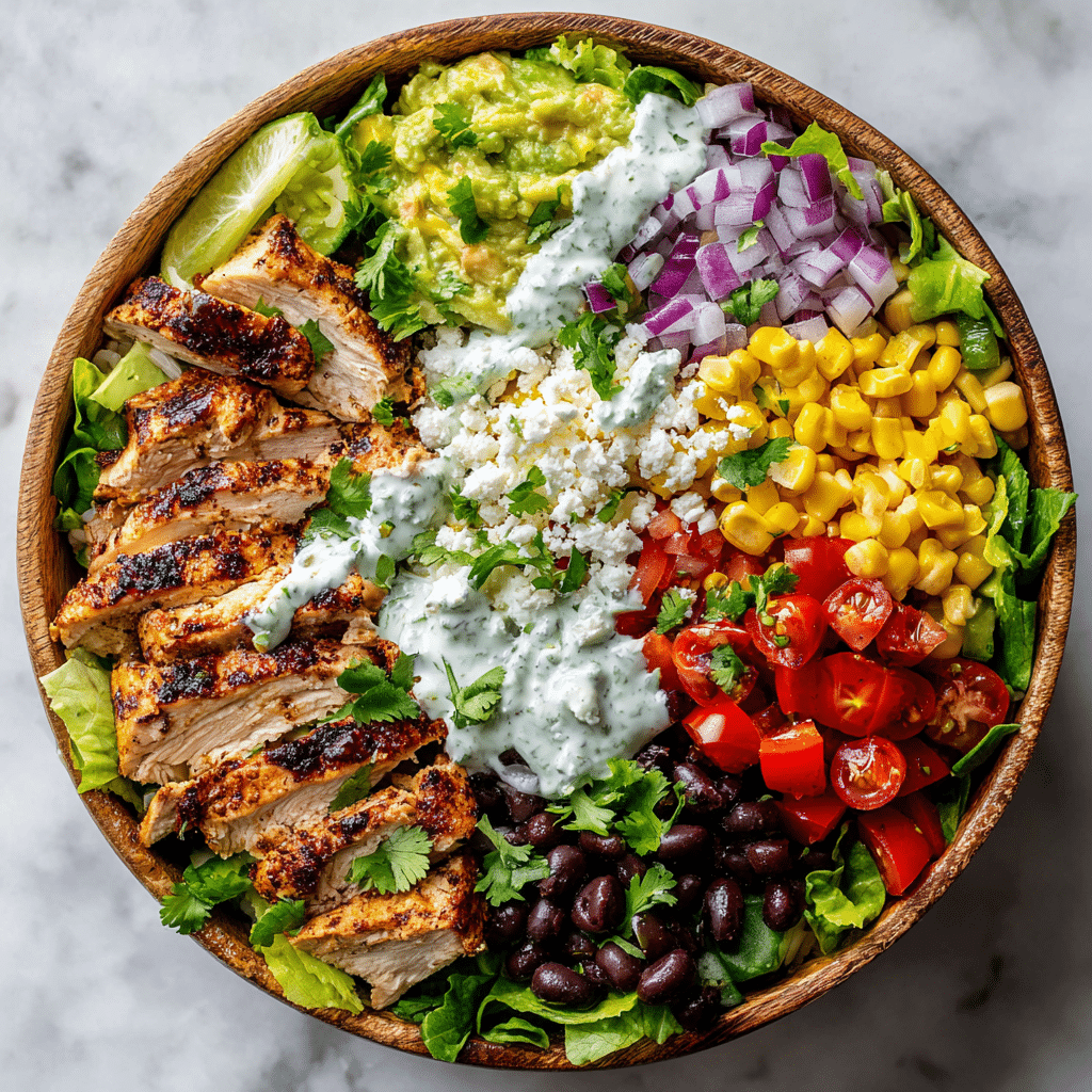 honey-chipotle-chicken-bowl-assembly Assembling honey chipotle chicken bowl with toppings