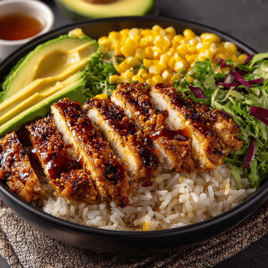 honey-chipotle-chicken-bowl-featured Honey chipotle chicken bowl with rice, corn, and avocado, side angle