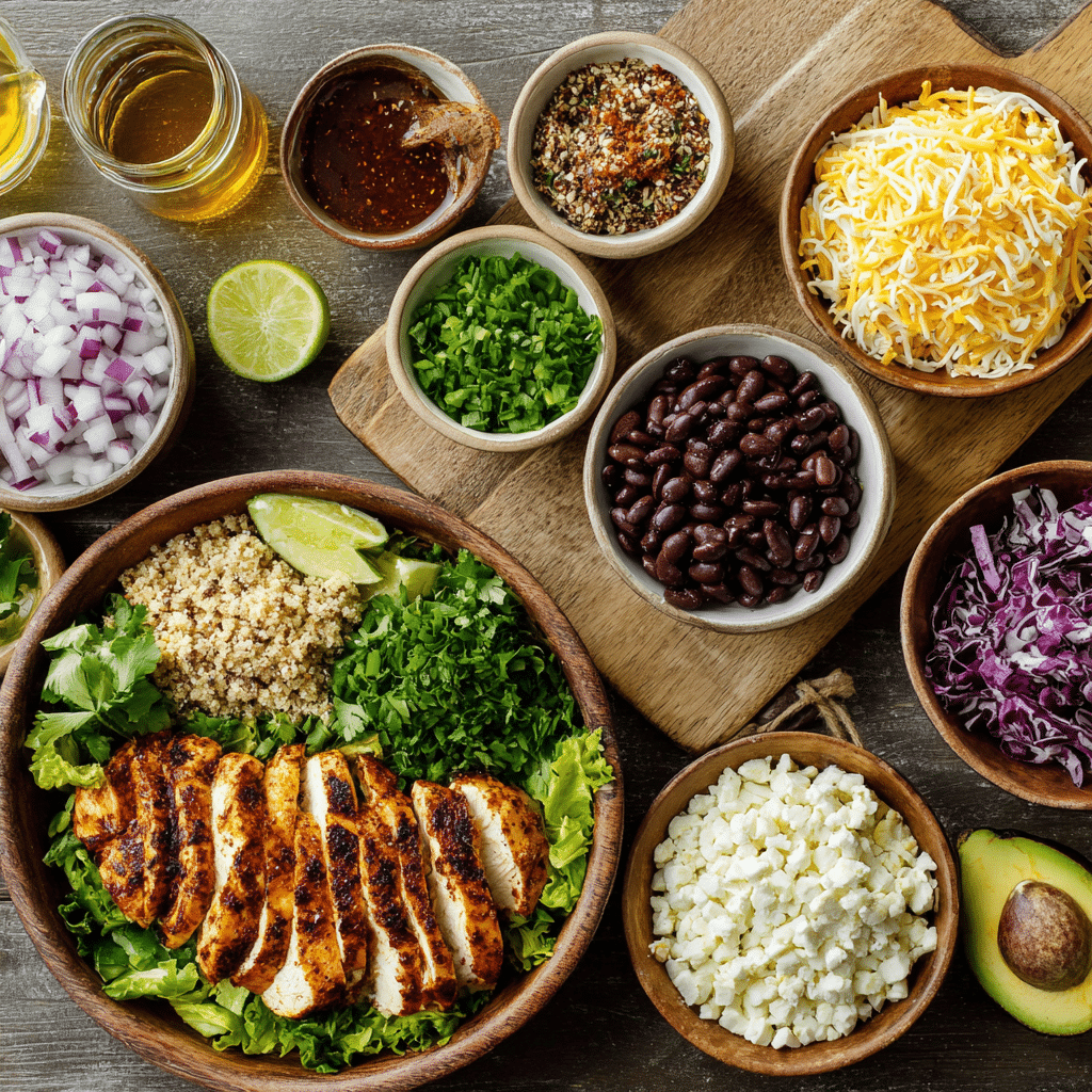 honey-chipotle-chicken-ingredients Ingredients for honey chipotle chicken bowls arranged on a table