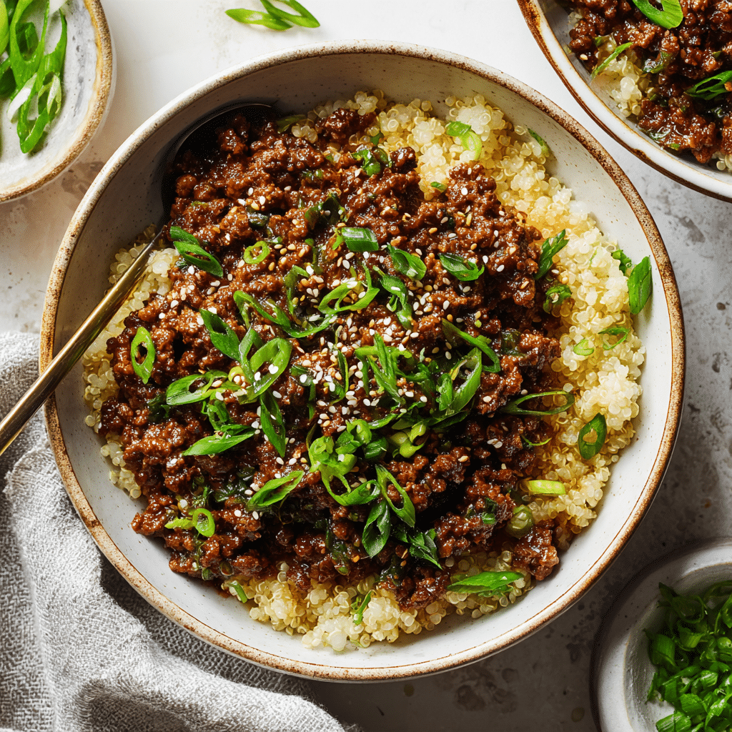 hot-honey-ground-beef-bowls-featured Hot Honey Ground Beef Bowl served over quinoa and rice