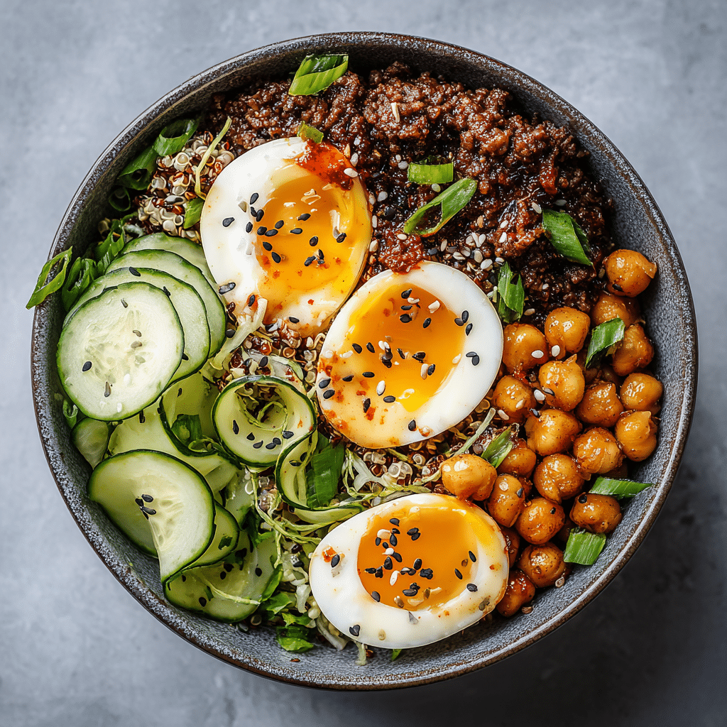 hot-honey-ground-beef-bowls-served Fully assembled bowl with toppings