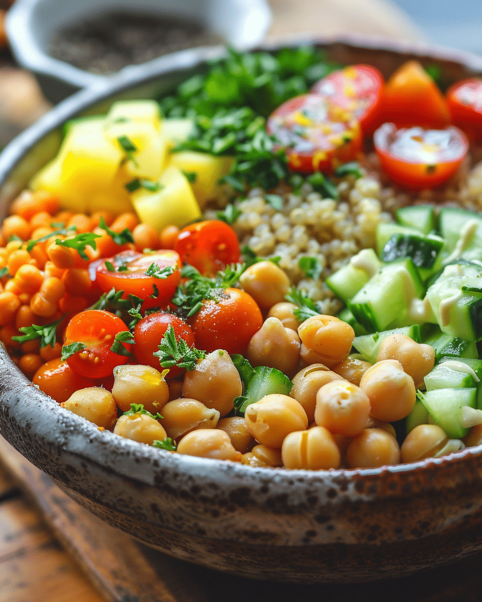 low-carb-chickpea-quinoa-featured Low-Carb & Clean Eating Chickpea Quinoa Bowl in a ceramic dish with fresh toppings