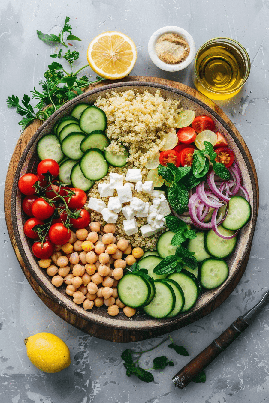 mediterranean-bowl-ingredients-flatlay Flat lay of ingredients for a Mediterranean Diet Bowl